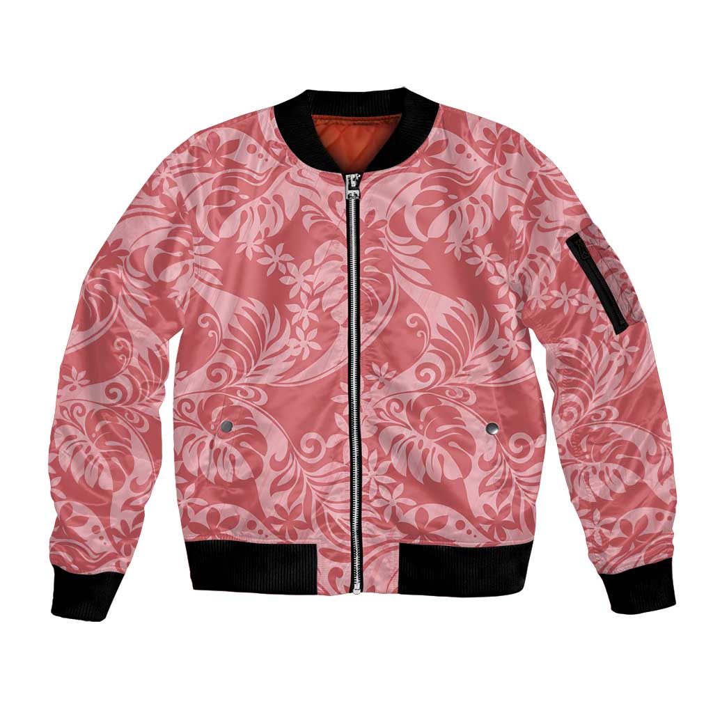 Tahiti Tarona Tiare Floral Sleeve Zip Bomber Jacket Monstera Palm Tropical Leaves LT01 Unisex Pink - Polynesian Pride