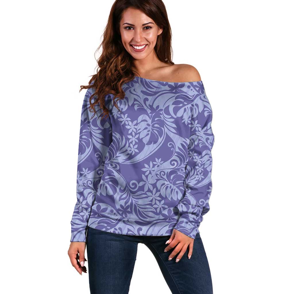 Tahiti Vareau Tiare Floral Off Shoulder Sweater Monstera Palm Tropical Leaves LT01 Women Purple - Polynesian Pride