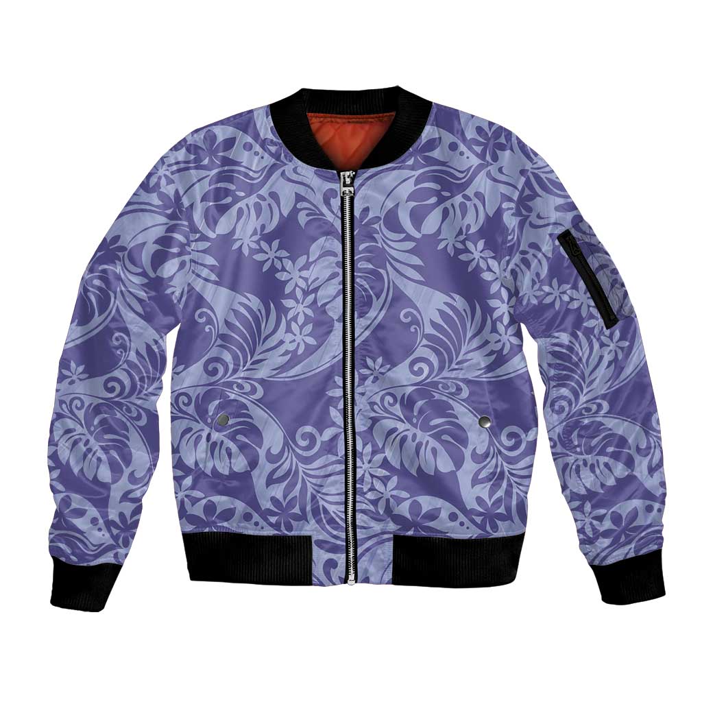 Tahiti Vareau Tiare Floral Sleeve Zip Bomber Jacket Monstera Palm Tropical Leaves LT01 Unisex Purple - Polynesian Pride