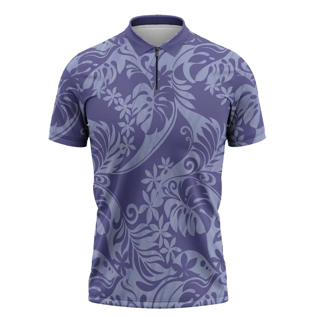 Tahiti Vareau Tiare Floral Zipper Polo Shirt Monstera Palm Tropical Leaves LT01 Purple - Polynesian Pride