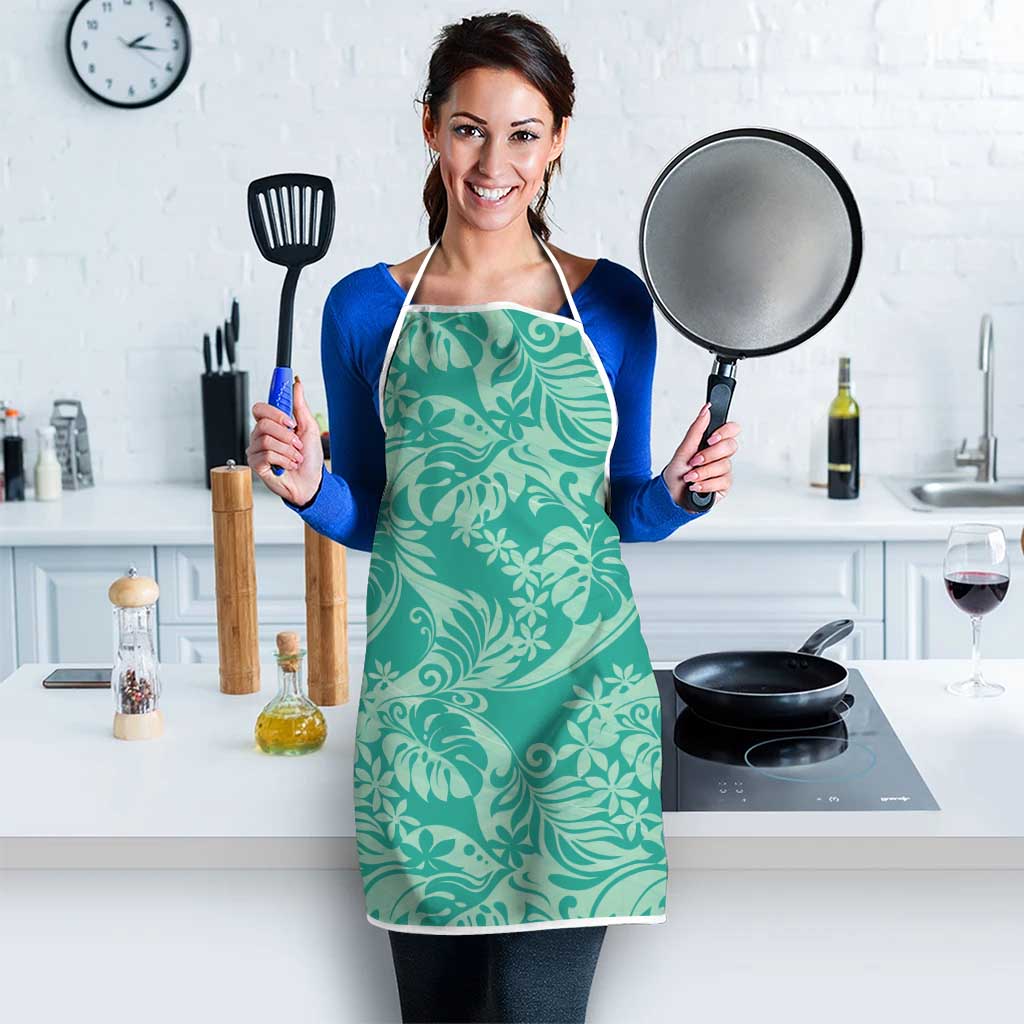 Tahiti Teal Tiare Floral Apron Monstera Palm Tropical Leaves LT01 - Polynesian Pride
