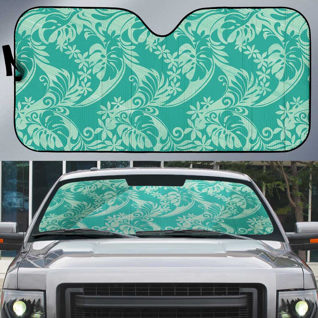 Tahiti Teal Tiare Floral Auto Sun Shade Monstera Palm Tropical Leaves LT01 Teal - Polynesian Pride