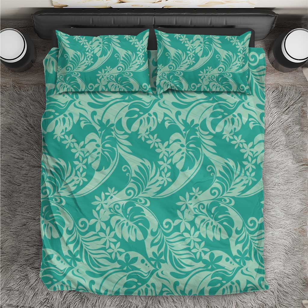 Tahiti Teal Tiare Floral Bedding Set Monstera Palm Tropical Leaves LT01 Teal - Polynesian Pride