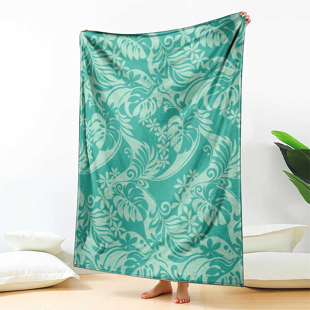 Tahiti Teal Tiare Floral Blanket Monstera Palm Tropical Leaves LT01 - Polynesian Pride