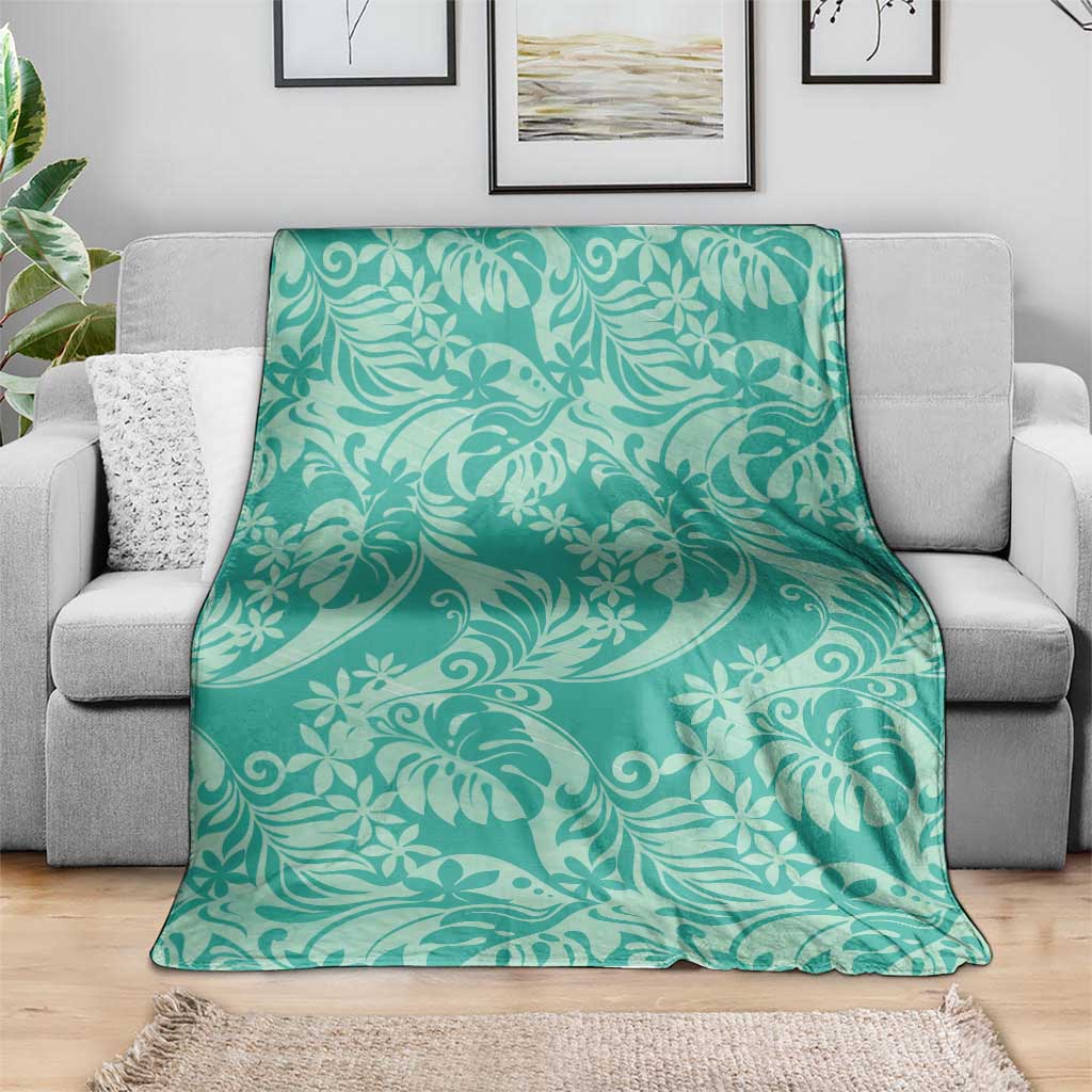 Tahiti Teal Tiare Floral Blanket Monstera Palm Tropical Leaves LT01 - Polynesian Pride
