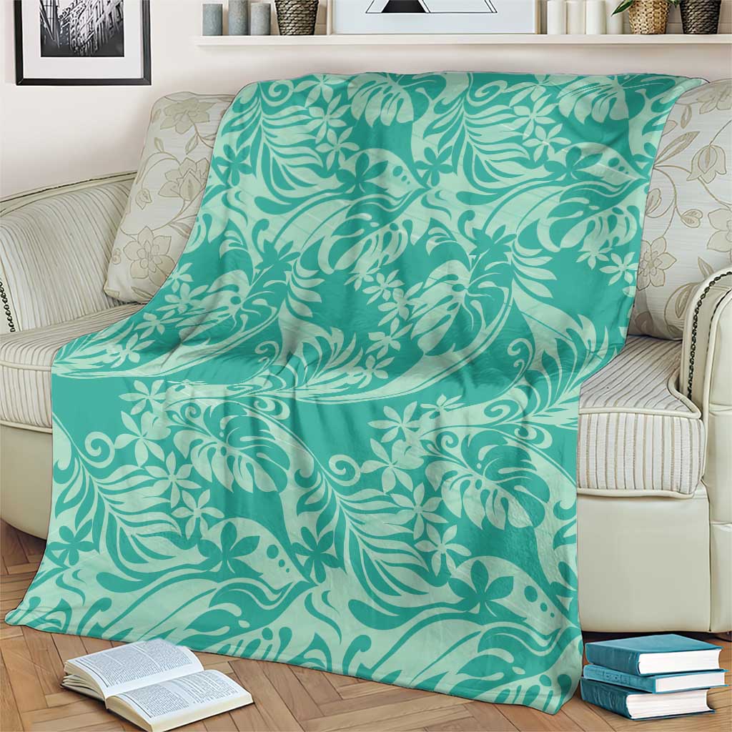 Tahiti Teal Tiare Floral Blanket Monstera Palm Tropical Leaves LT01 - Polynesian Pride