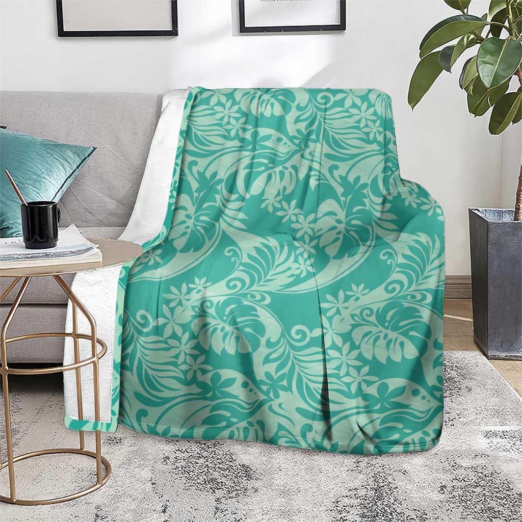 Tahiti Teal Tiare Floral Blanket Monstera Palm Tropical Leaves LT01 - Polynesian Pride