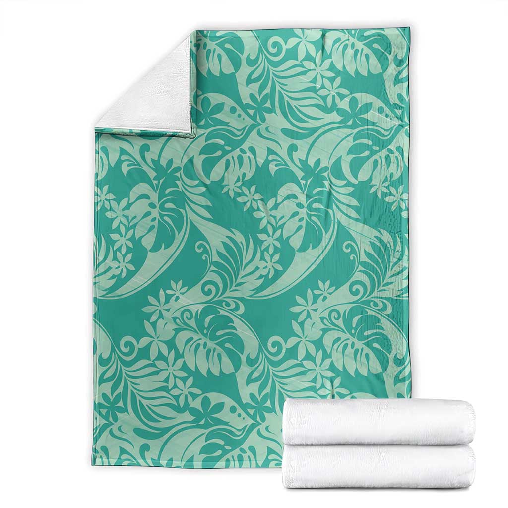 Tahiti Teal Tiare Floral Blanket Monstera Palm Tropical Leaves LT01 - Polynesian Pride