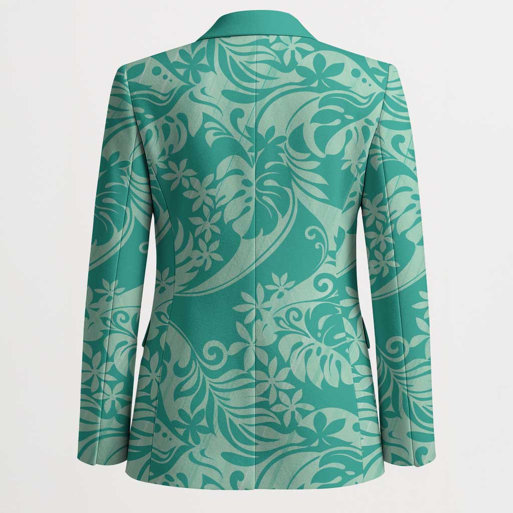 Tahiti Teal Tiare Floral Blazer Monstera Palm Tropical Leaves LT01 - Polynesian Pride