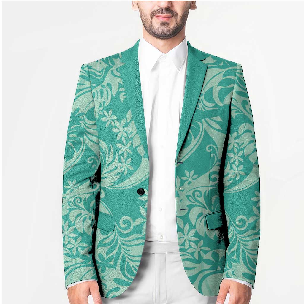 Tahiti Teal Tiare Floral Blazer Monstera Palm Tropical Leaves LT01 - Polynesian Pride