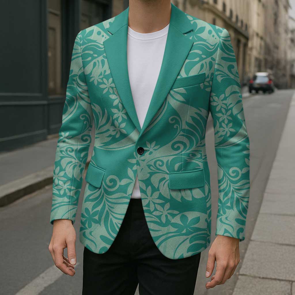 Tahiti Teal Tiare Floral Blazer Monstera Palm Tropical Leaves LT01 - Polynesian Pride