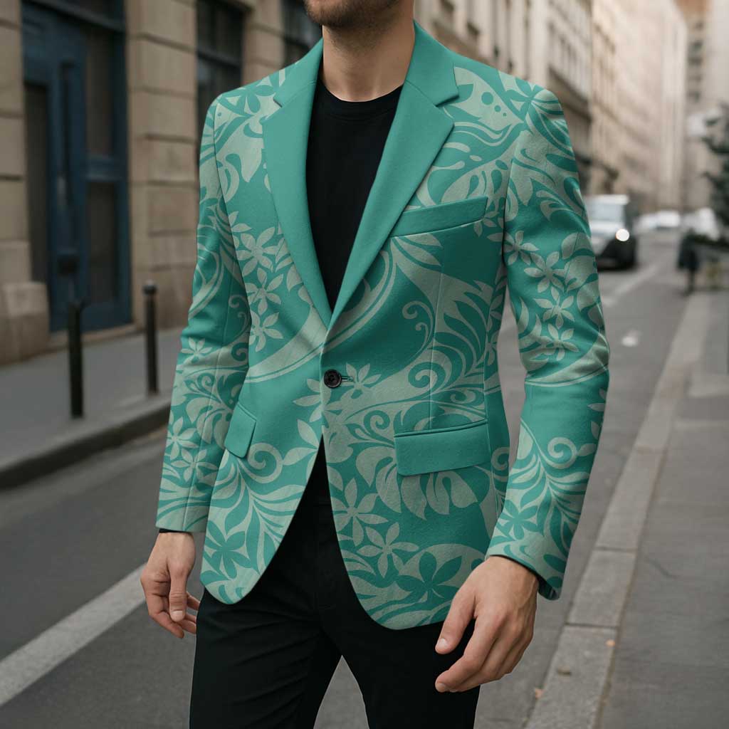 Tahiti Teal Tiare Floral Blazer Monstera Palm Tropical Leaves LT01 - Polynesian Pride