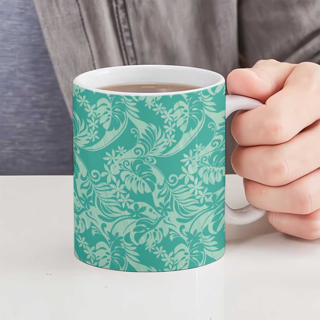 Tahiti Teal Tiare Floral Ceramic Mug Monstera Palm Tropical Leaves LT01 - Polynesian Pride