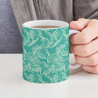 Tahiti Teal Tiare Floral Ceramic Mug Monstera Palm Tropical Leaves LT01 - Polynesian Pride