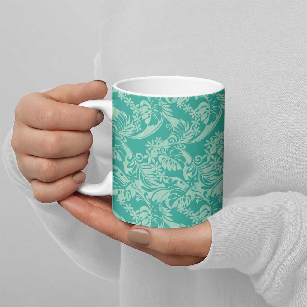 Tahiti Teal Tiare Floral Ceramic Mug Monstera Palm Tropical Leaves LT01 - Polynesian Pride