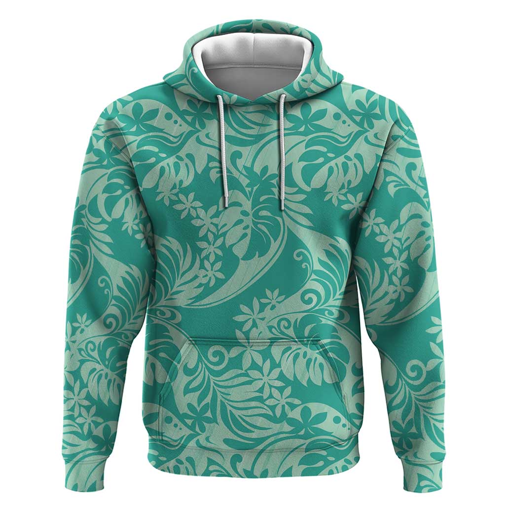 Tahiti Teal Tiare Floral Hoodie Monstera Palm Tropical Leaves LT01 Pullover Hoodie Teal - Polynesian Pride