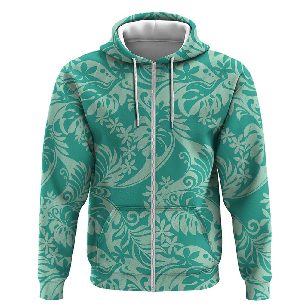 Tahiti Teal Tiare Floral Hoodie Monstera Palm Tropical Leaves LT01 Zip Hoodie Teal - Polynesian Pride