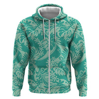 Tahiti Teal Tiare Floral Hoodie Monstera Palm Tropical Leaves LT01 Zip Hoodie Teal - Polynesian Pride