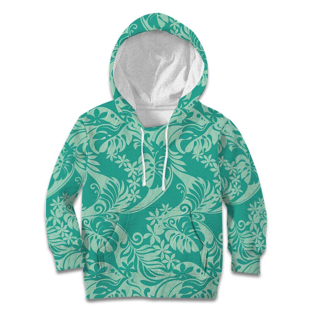 Tahiti Teal Tiare Floral Kid Hoodie Monstera Palm Tropical Leaves LT01 Hoodie Teal - Polynesian Pride