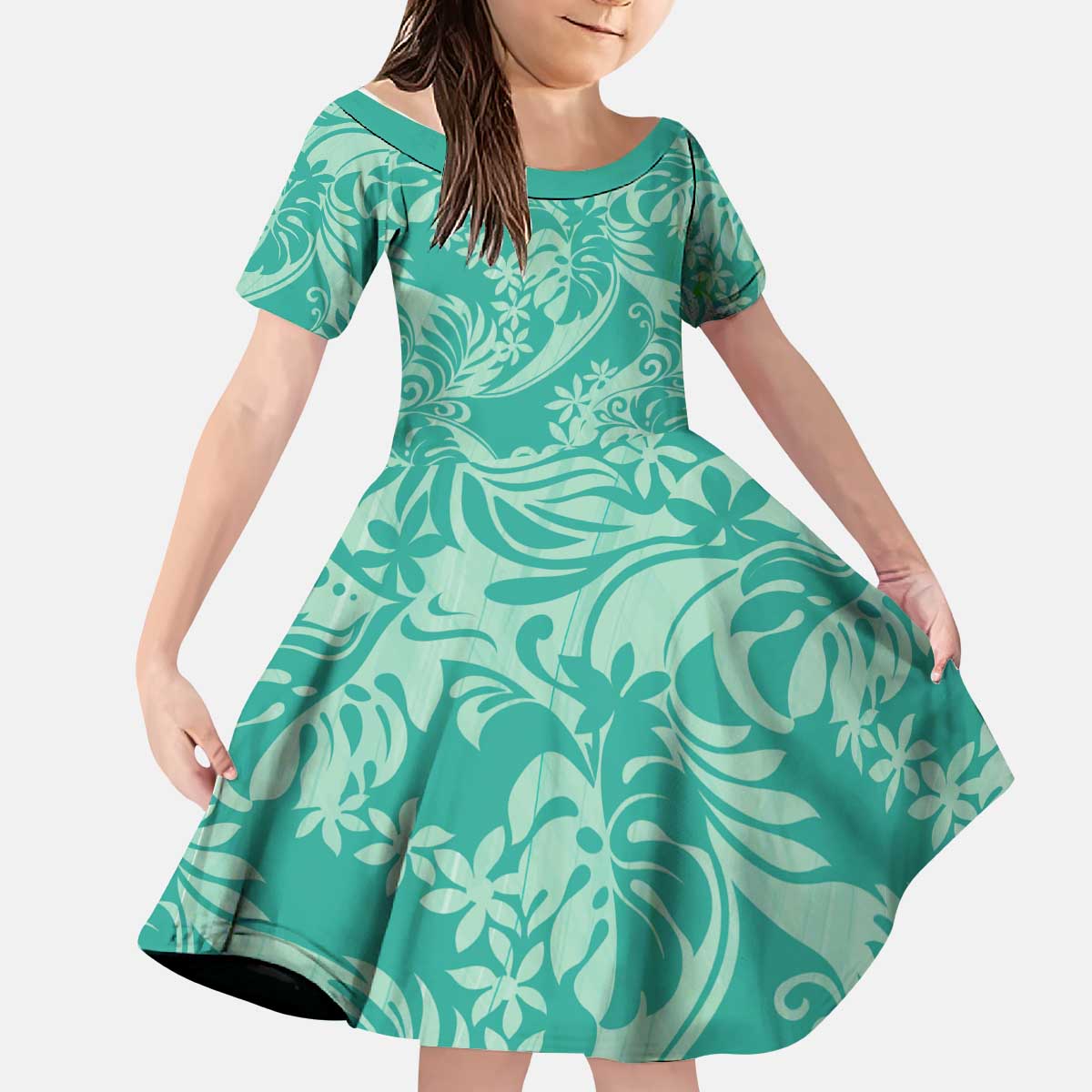 Tahiti Teal Tiare Floral Kid Short Sleeve Dress Monstera Palm Tropical Leaves LT01 KID Teal - Polynesian Pride