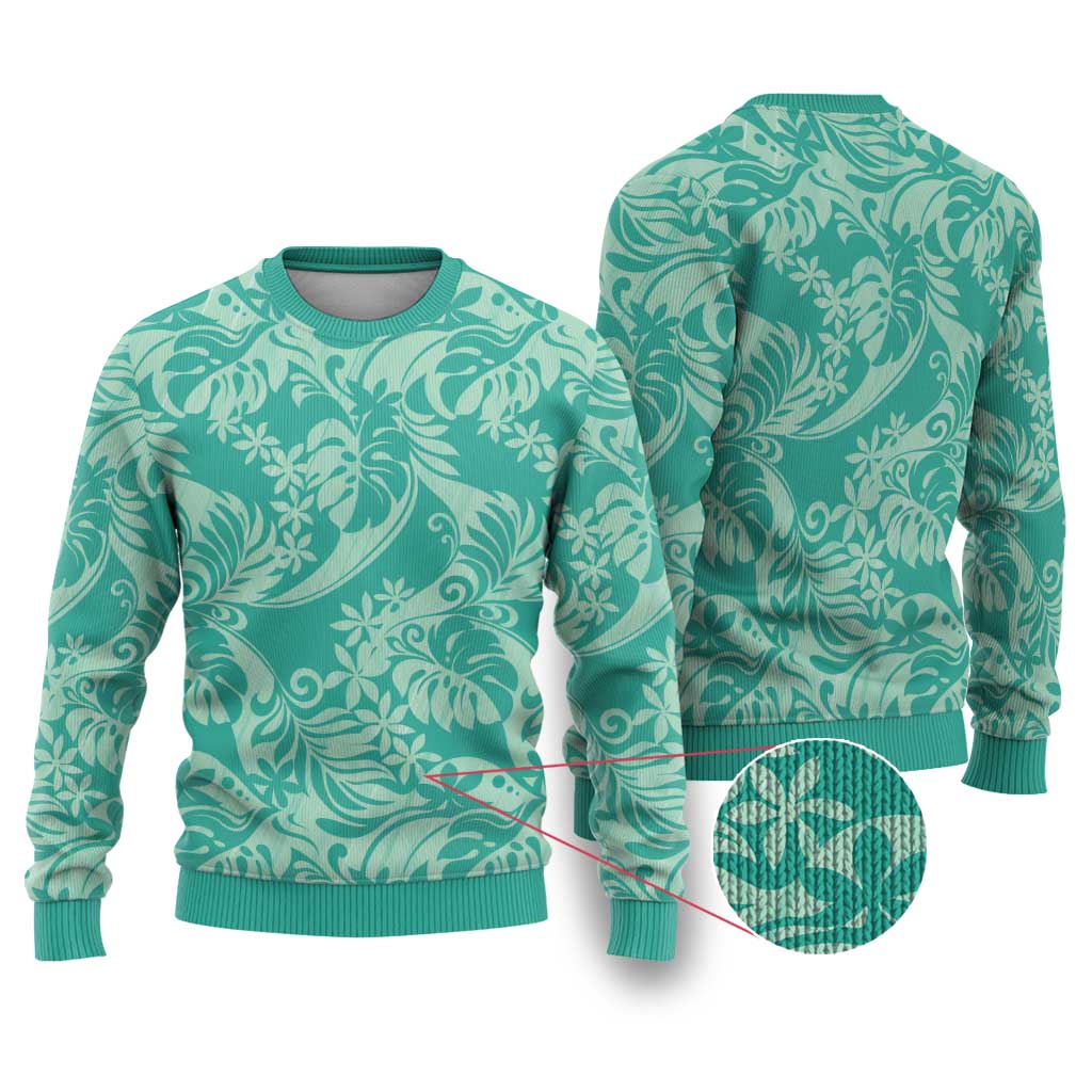 Tahiti Teal Tiare Floral Ugly Christmas Sweater Monstera Palm Tropical Leaves LT01 Teal - Polynesian Pride