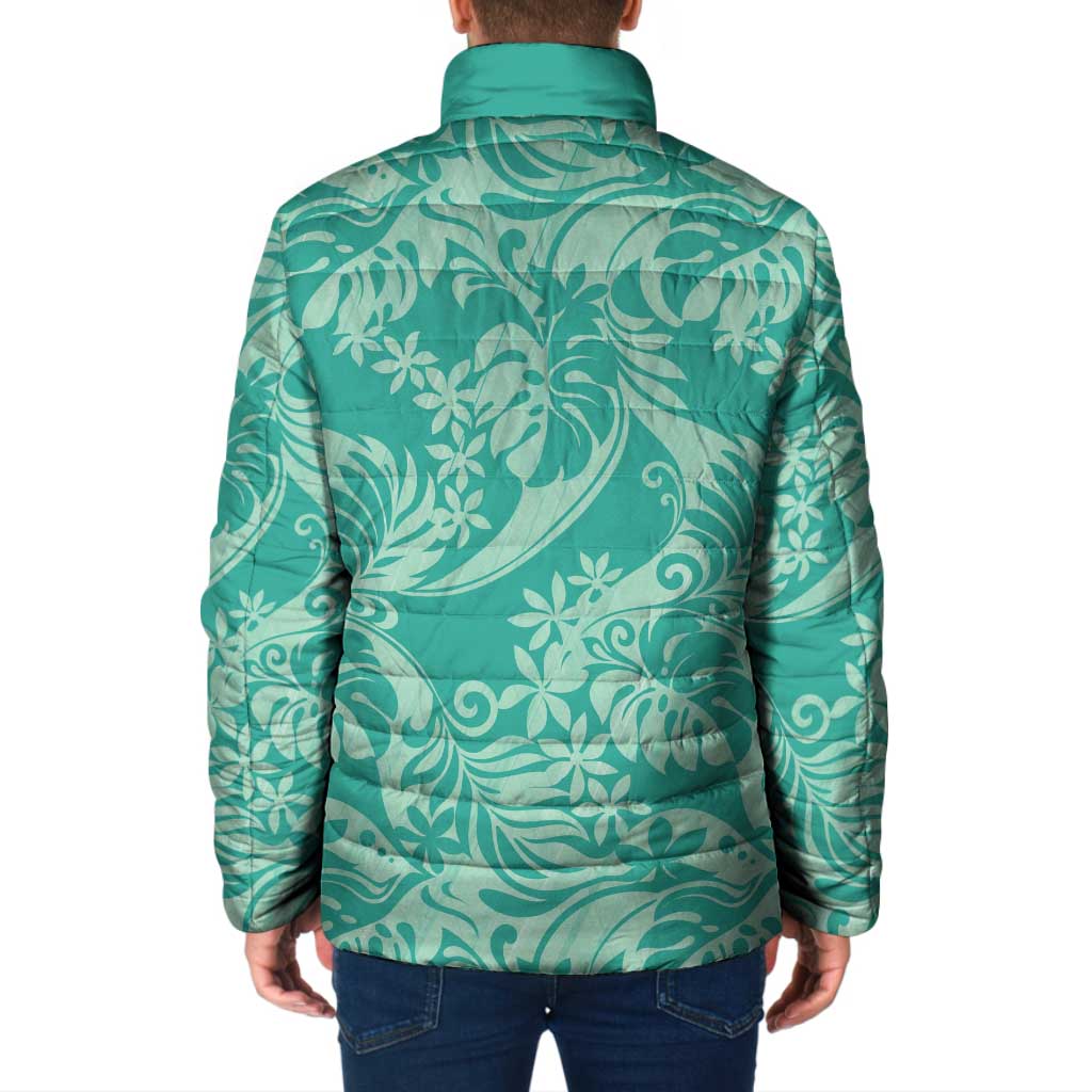 Tahiti Teal Tiare Floral Padded Jacket Monstera Palm Tropical Leaves LT01 - Polynesian Pride