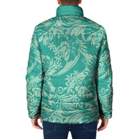 Tahiti Teal Tiare Floral Padded Jacket Monstera Palm Tropical Leaves LT01 - Polynesian Pride