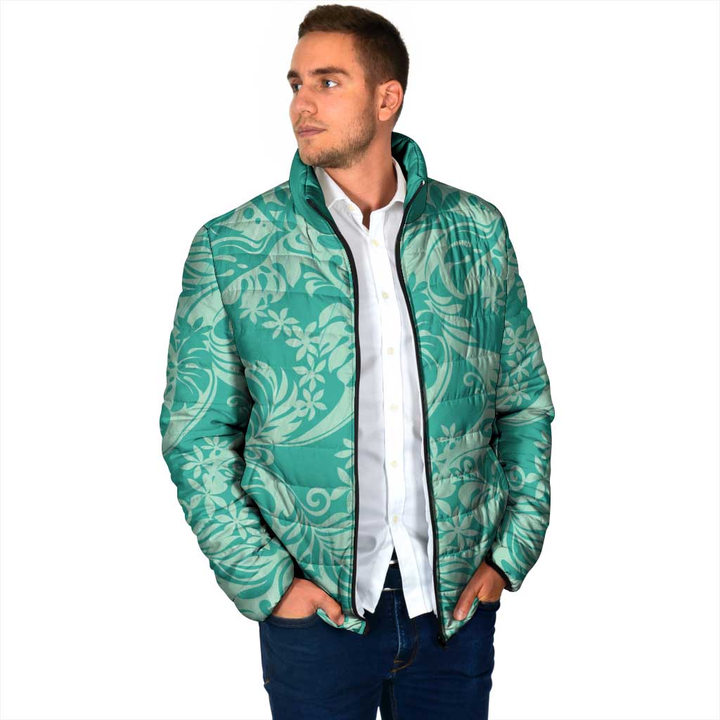 Tahiti Teal Tiare Floral Padded Jacket Monstera Palm Tropical Leaves LT01 - Polynesian Pride