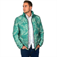 Tahiti Teal Tiare Floral Padded Jacket Monstera Palm Tropical Leaves LT01 - Polynesian Pride
