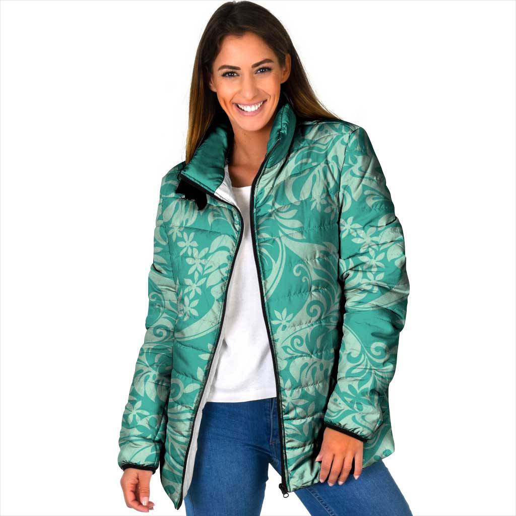 Tahiti Teal Tiare Floral Padded Jacket Monstera Palm Tropical Leaves LT01 Women Teal - Polynesian Pride