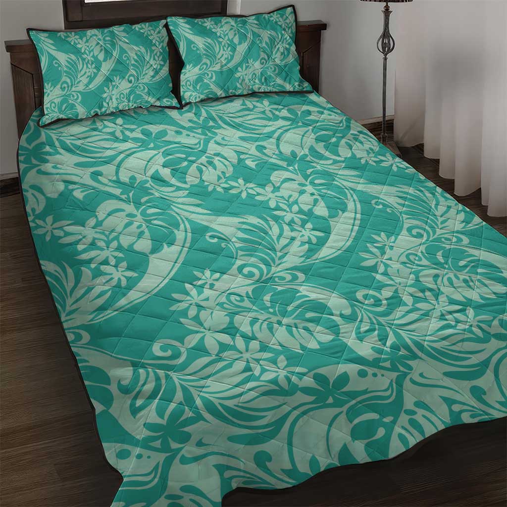 Tahiti Teal Tiare Floral Quilt Bed Set Monstera Palm Tropical Leaves LT01 Teal - Polynesian Pride