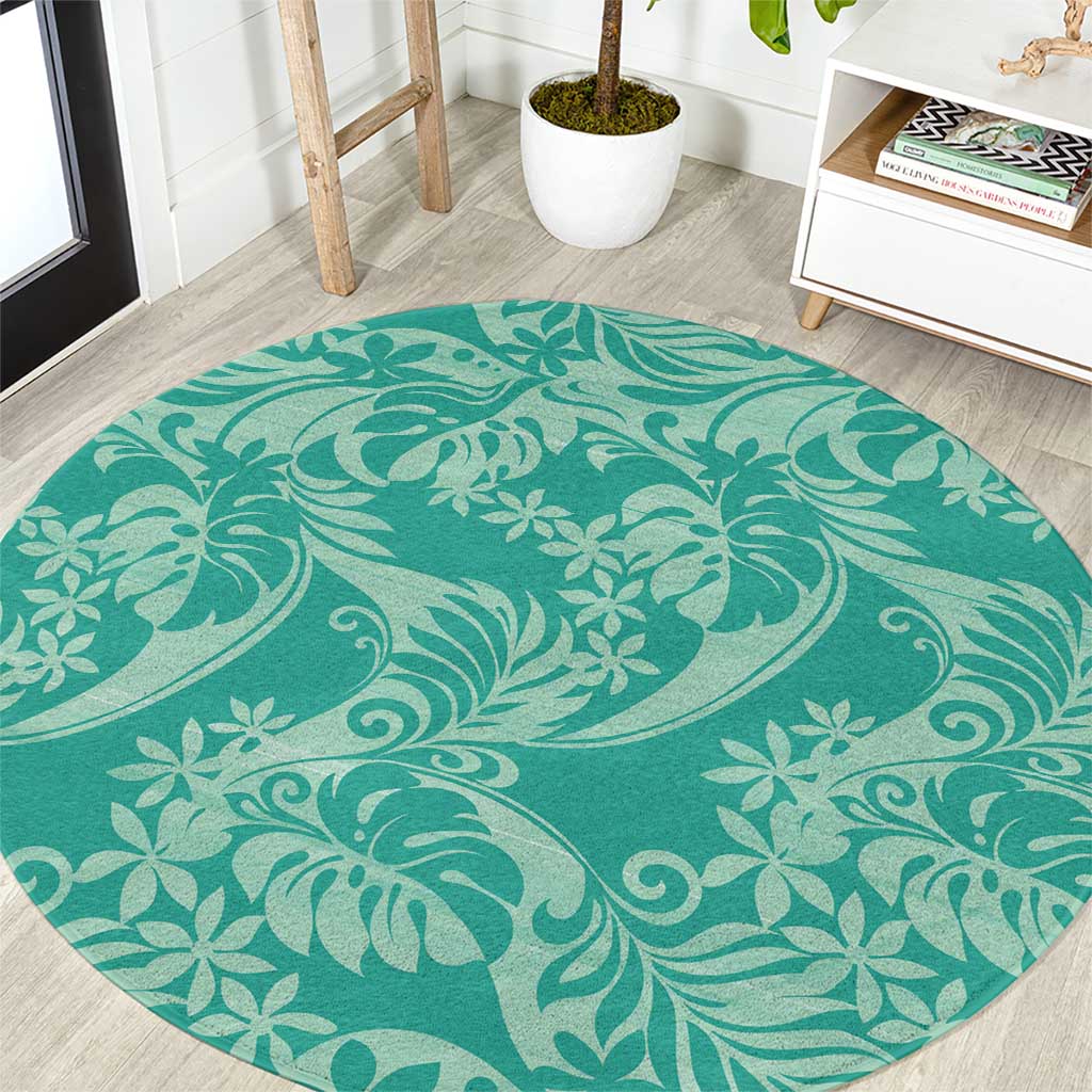 Tahiti Teal Tiare Floral Round Carpet Monstera Palm Tropical Leaves LT01 Teal - Polynesian Pride