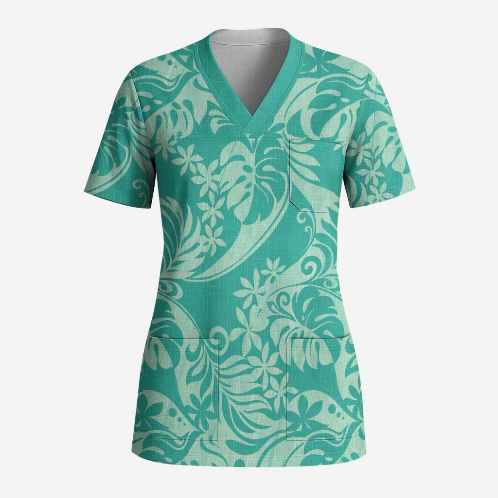 Tahiti Teal Tiare Floral Scrub Top Monstera Palm Tropical Leaves LT01 Adult Teal - Polynesian Pride