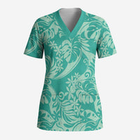 Tahiti Teal Tiare Floral Scrub Top Monstera Palm Tropical Leaves LT01 Adult Teal - Polynesian Pride