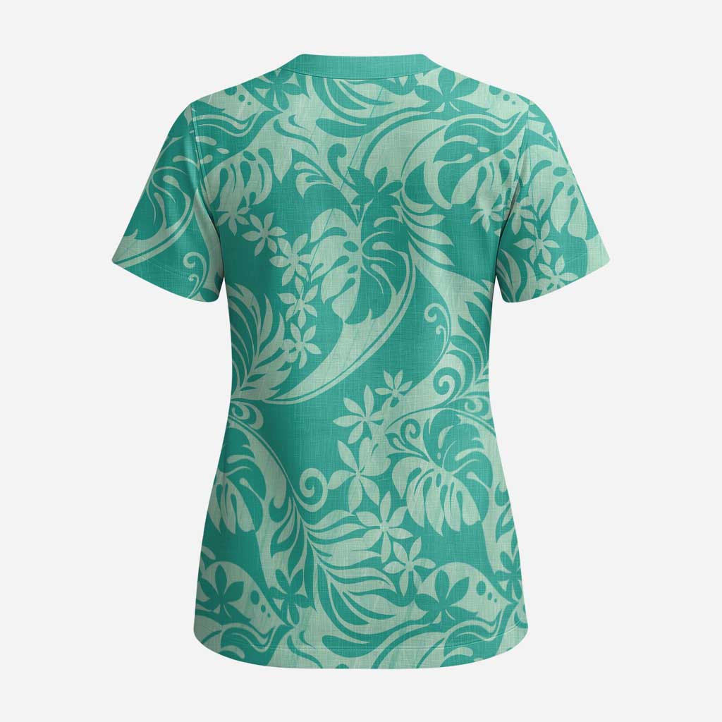 Tahiti Teal Tiare Floral Scrub Top Monstera Palm Tropical Leaves LT01 - Polynesian Pride
