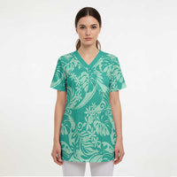 Tahiti Teal Tiare Floral Scrub Top Monstera Palm Tropical Leaves LT01 - Polynesian Pride