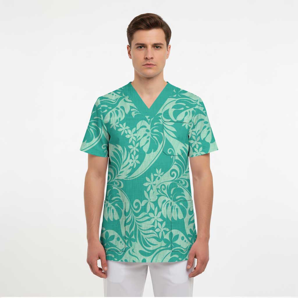 Tahiti Teal Tiare Floral Scrub Top Monstera Palm Tropical Leaves LT01 - Polynesian Pride
