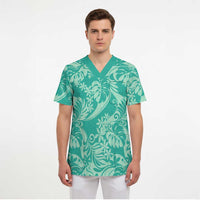 Tahiti Teal Tiare Floral Scrub Top Monstera Palm Tropical Leaves LT01 - Polynesian Pride