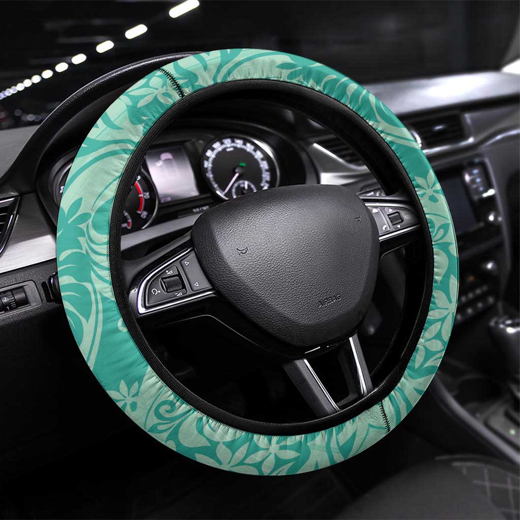 Tahiti Teal Tiare Floral Steering Wheel Cover Monstera Palm Tropical Leaves LT01 Universal Fit Teal - Polynesian Pride