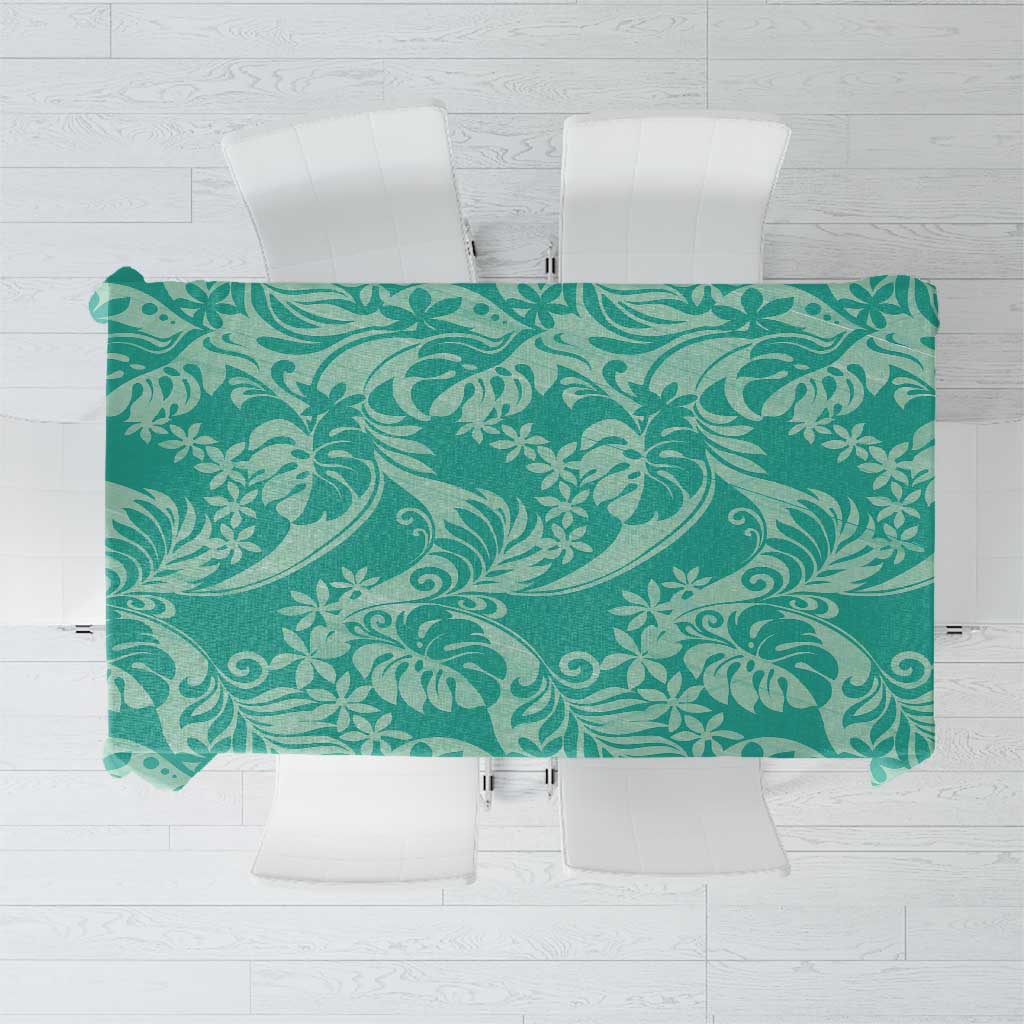 Tahiti Teal Tiare Floral Tablecloth Monstera Palm Tropical Leaves LT01 Teal - Polynesian Pride