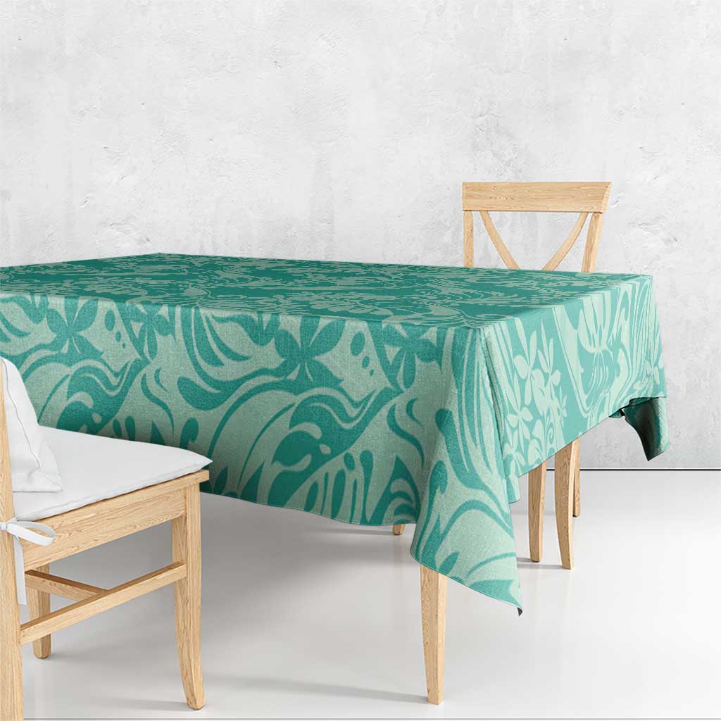 Tahiti Teal Tiare Floral Tablecloth Monstera Palm Tropical Leaves LT01 - Polynesian Pride