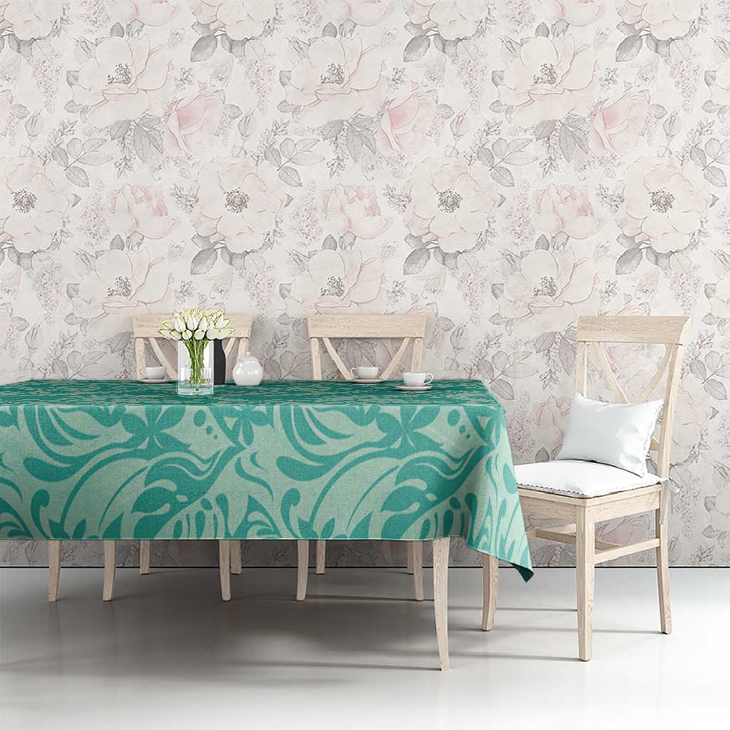Tahiti Teal Tiare Floral Tablecloth Monstera Palm Tropical Leaves LT01 - Polynesian Pride