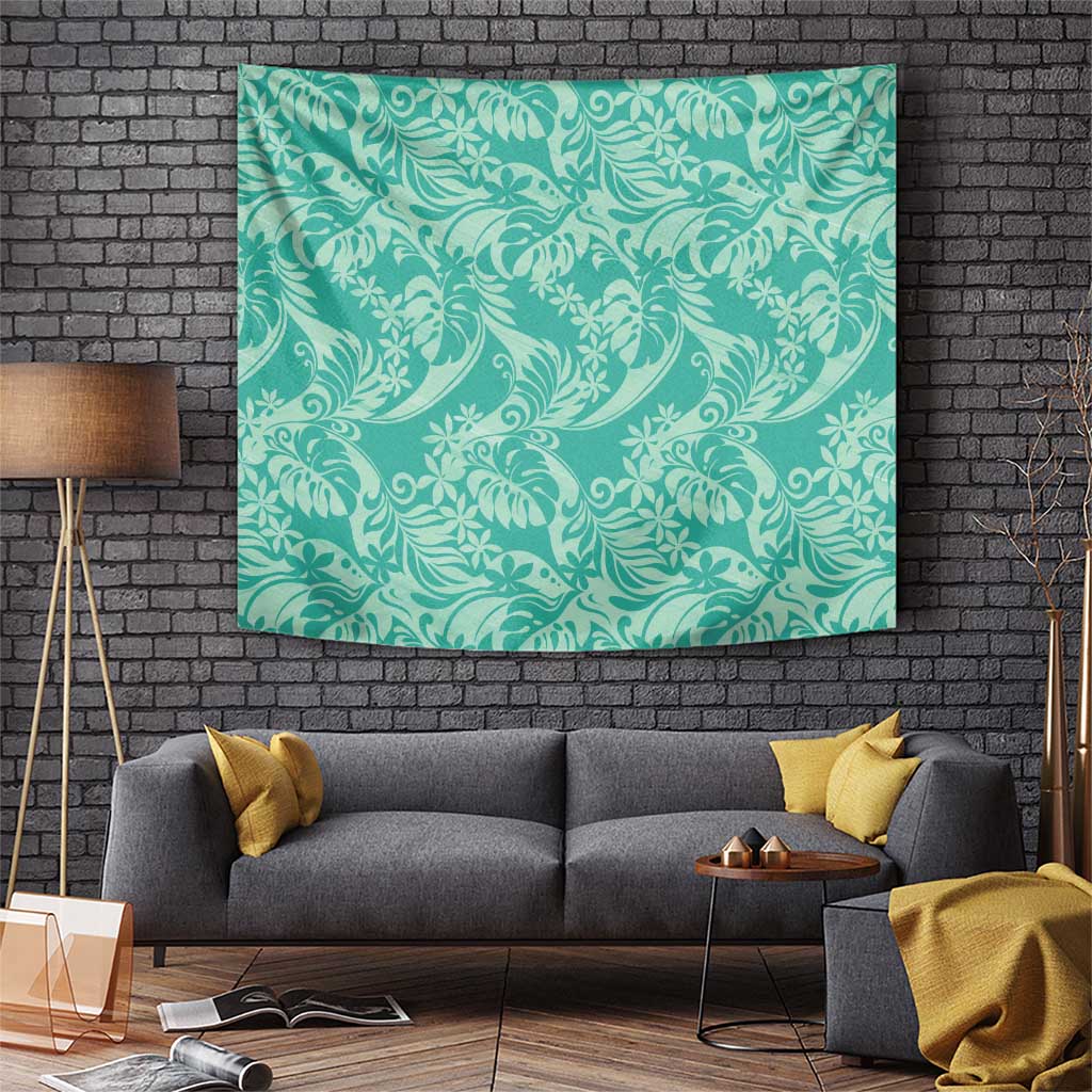 Tahiti Teal Tiare Floral Tapestry Monstera Palm Tropical Leaves LT01 Teal - Polynesian Pride