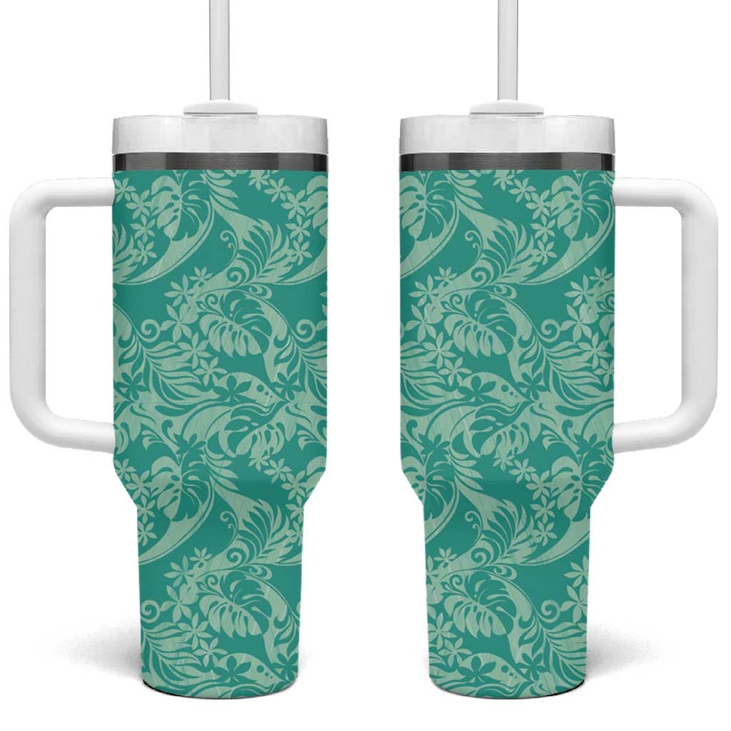 Tahiti Teal Tiare Floral Tumbler With Handle Monstera Palm Tropical Leaves LT01 One Size: 40 oz Teal - Polynesian Pride
