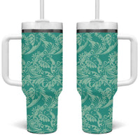 Tahiti Teal Tiare Floral Tumbler With Handle Monstera Palm Tropical Leaves LT01 One Size: 40 oz Teal - Polynesian Pride