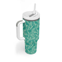 Tahiti Teal Tiare Floral Tumbler With Handle Monstera Palm Tropical Leaves LT01 - Polynesian Pride