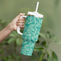 Tahiti Teal Tiare Floral Tumbler With Handle Monstera Palm Tropical Leaves LT01 - Polynesian Pride