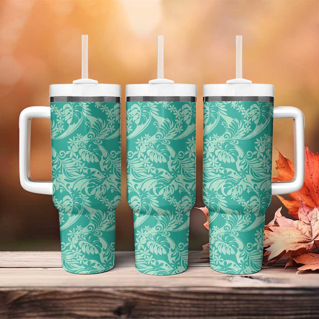 Tahiti Teal Tiare Floral Tumbler With Handle Monstera Palm Tropical Leaves LT01 - Polynesian Pride