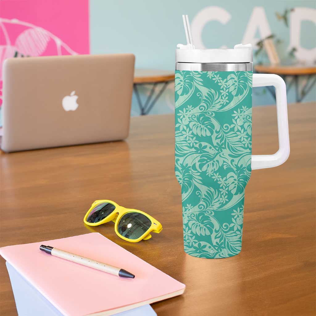 Tahiti Teal Tiare Floral Tumbler With Handle Monstera Palm Tropical Leaves LT01 - Polynesian Pride