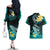 Hawaii Couples Matching Off The Shoulder Long Sleeve Dress and Hawaiian Shirt Polynesian Shark with Kakau Turquoise Version LT01 - Polynesian Pride